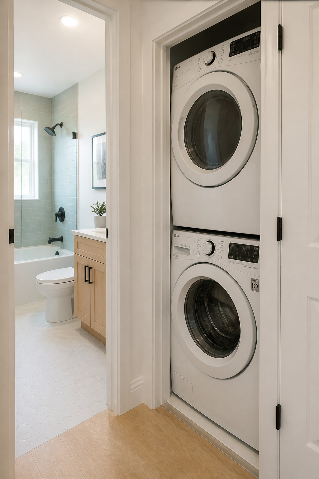 Second-floor bathroom door adjacent to a small closet containing a stacked washer and dryer, illustrating shared plumbing wall placement