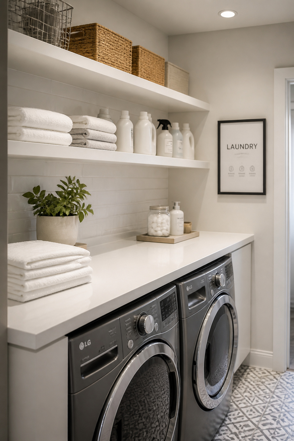 Counter over two front-load washing machines with open white shelves holding detergents and towels above in a compact laundry room