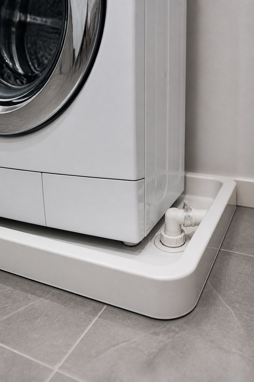 White plastic washing machine drain pan with a plumbed drain fitting beneath a front-load washer on a tile floor