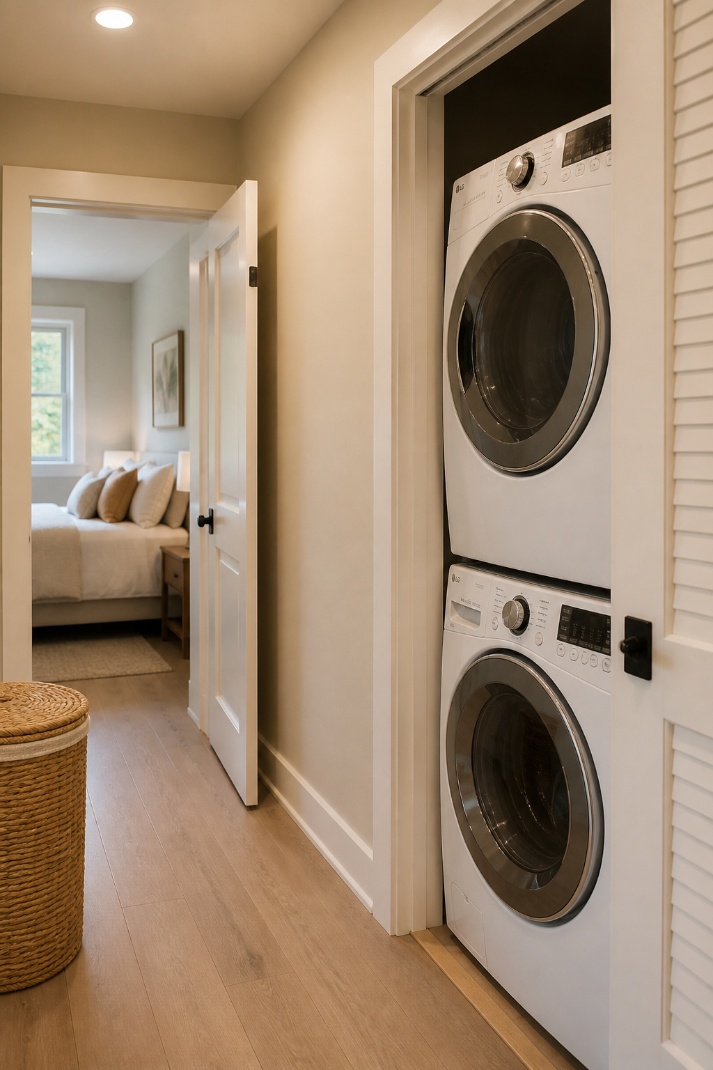 Hallway with bedroom door open and stacked washer-dryer visible in an adjacent closet on the second floor