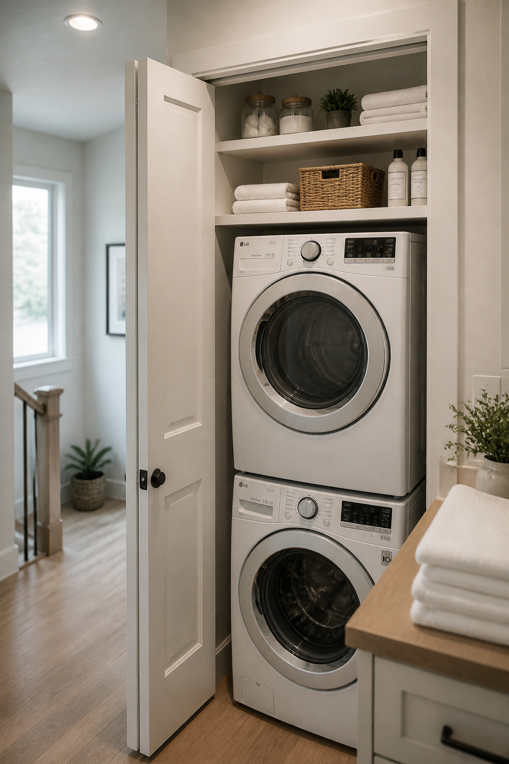 Stacked white front-load washer and dryer inside a bright second-floor hallway closet with open shelving above