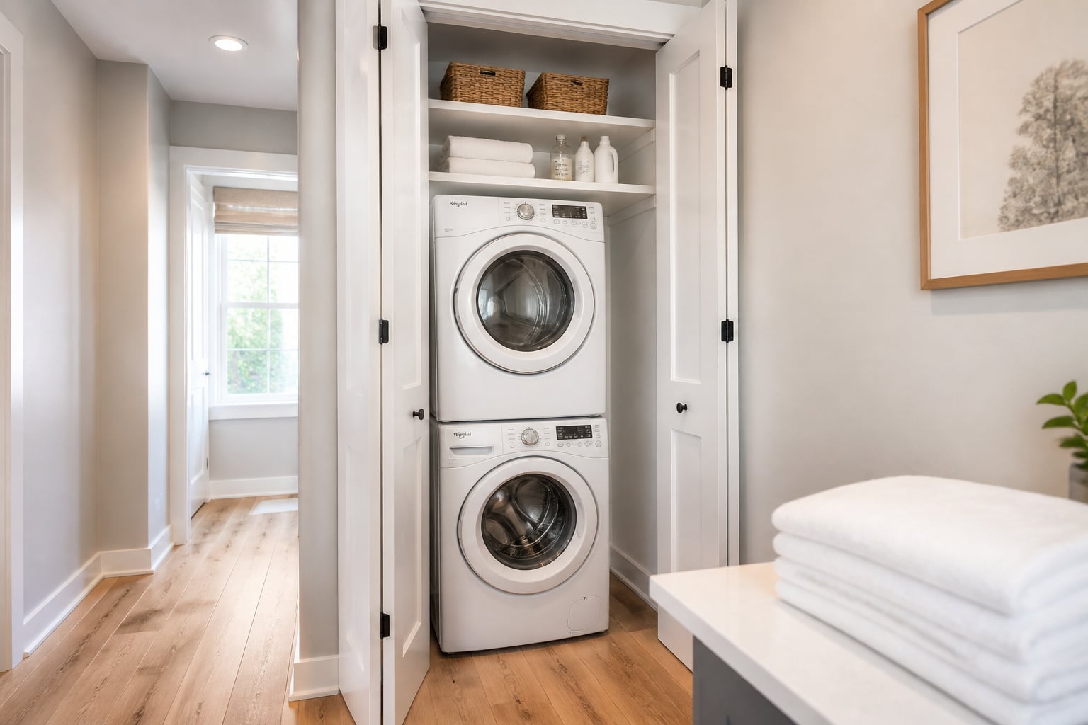 Stacked white front-load washer and dryer inside a bright second-floor hallway closet with open shelving above