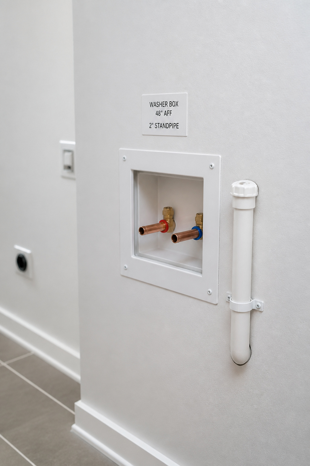 Recessed washer box with hot and cold supply shutoffs and a 2-inch standpipe on a white laundry room wall