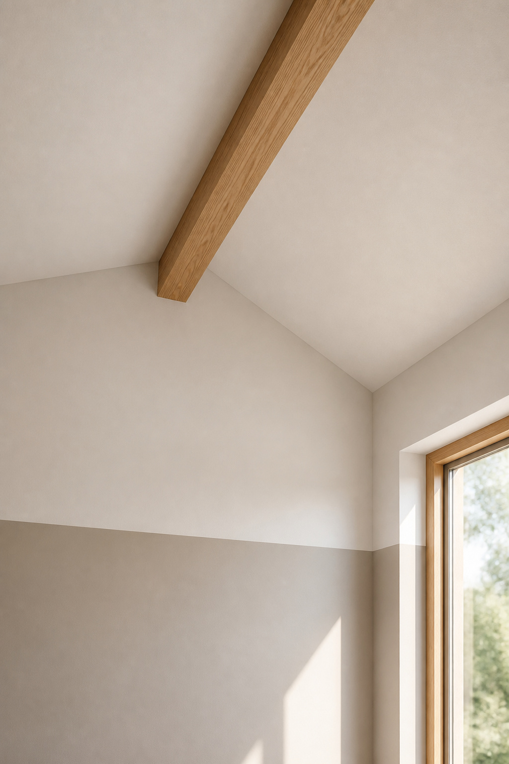 Vaulted ceiling detail showing oak beam with satin finish against warm white matte ceiling and wall — same colour palette, different surface finishes create depth without contrast