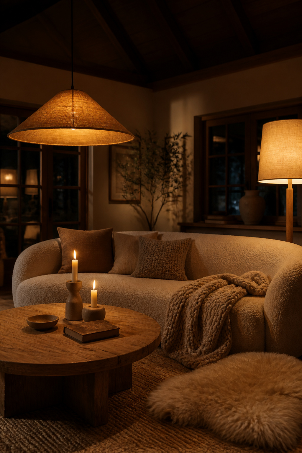 Hygge vaulted ceiling living room with layered wool textiles, boucle sofa, candles and warm pendant light