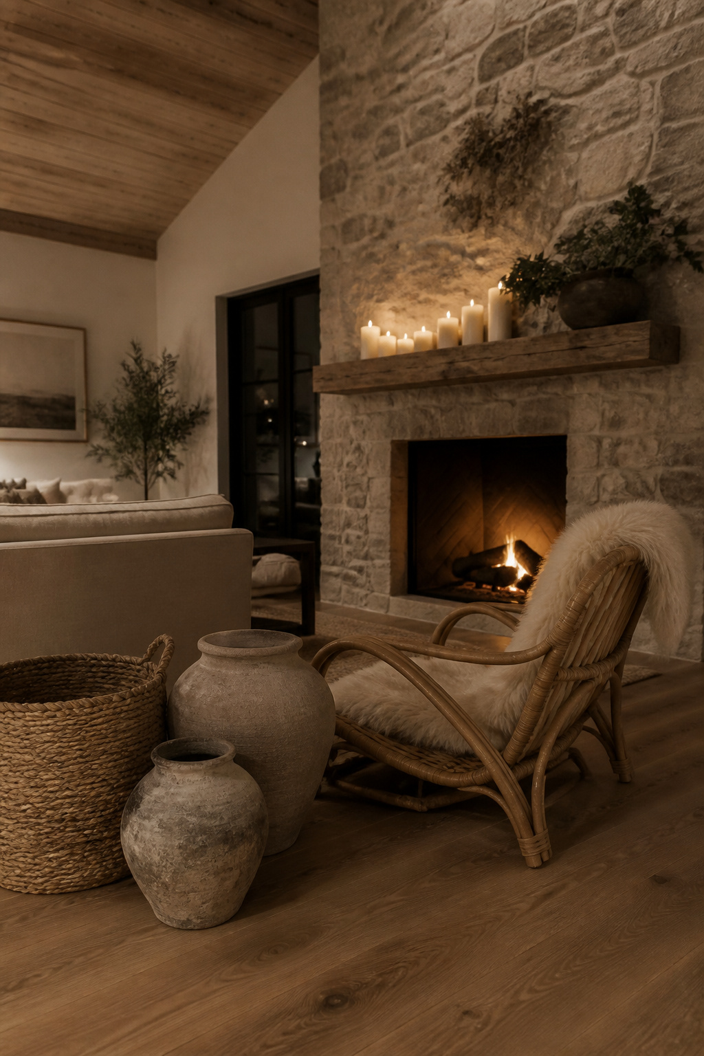 Natural materials including a stone fireplace, rattan chair, raw clay vessels and jute basket create warmth in a vaulted ceiling living room