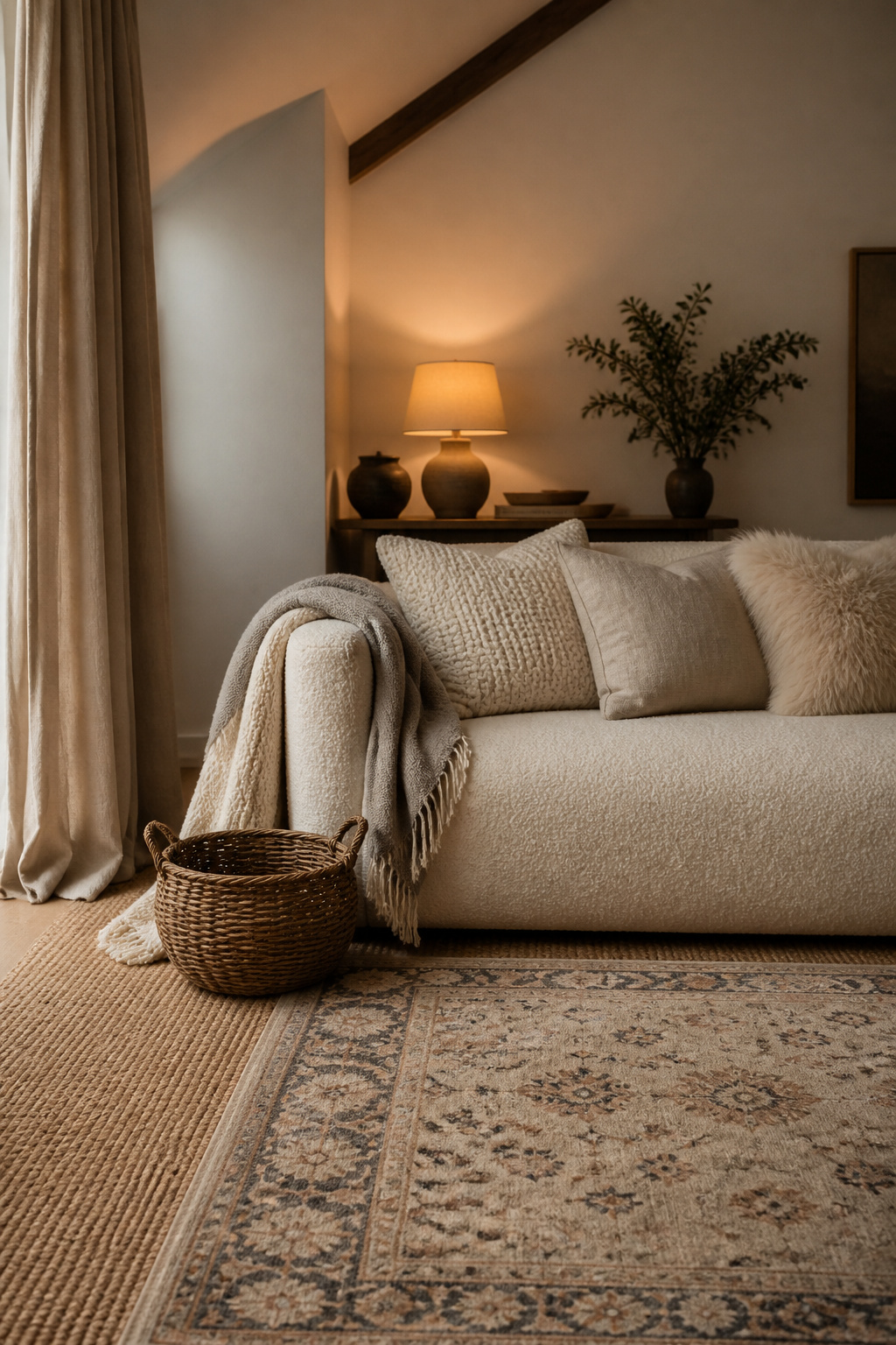 Layered wool, boucle and linen textiles on a low sofa with a jute rug anchoring the seating zone in a vaulted ceiling living room
