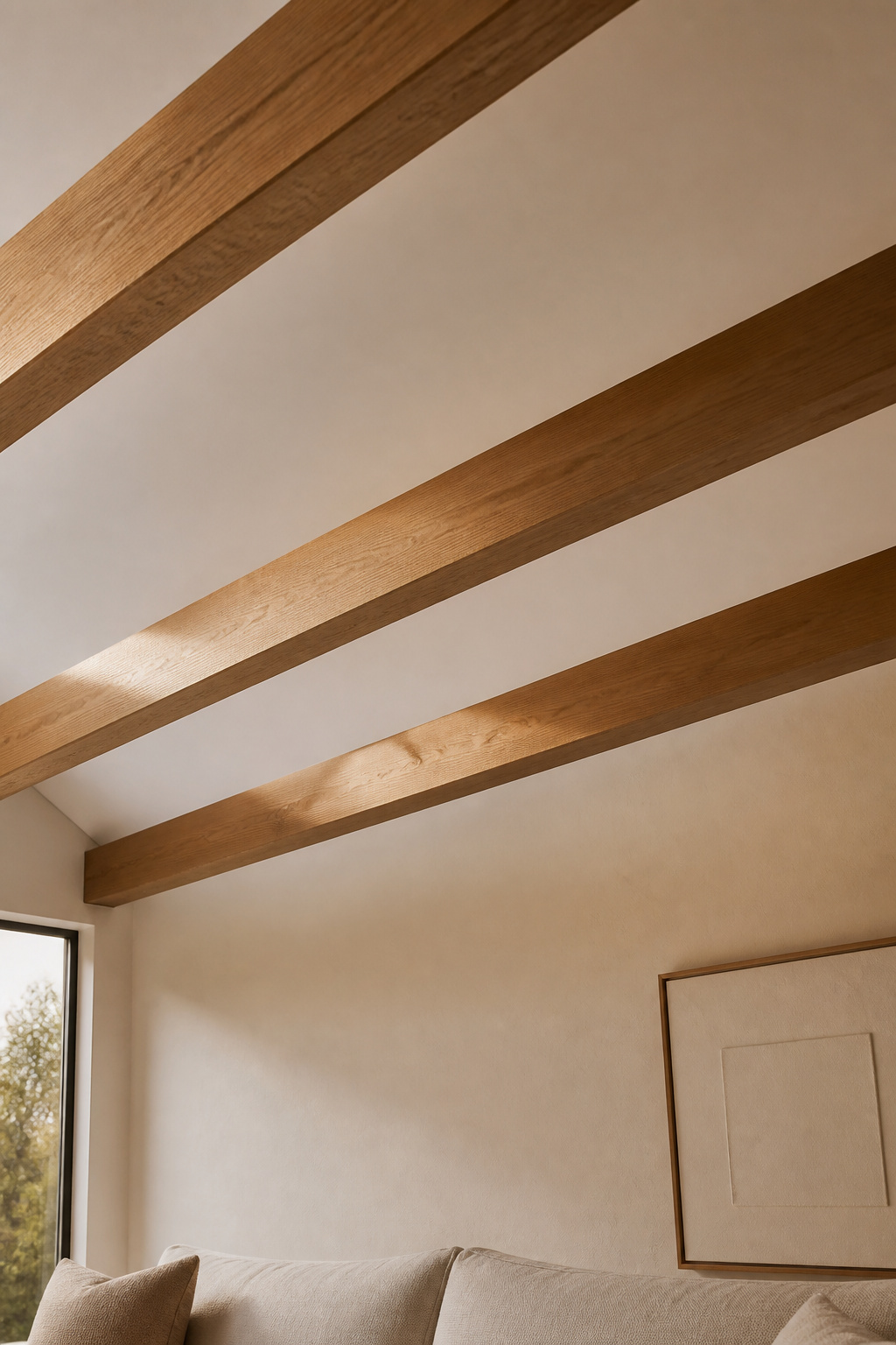 Vaulted ceiling with evenly spaced natural oak exposed beams crossing the slope in a warm living room