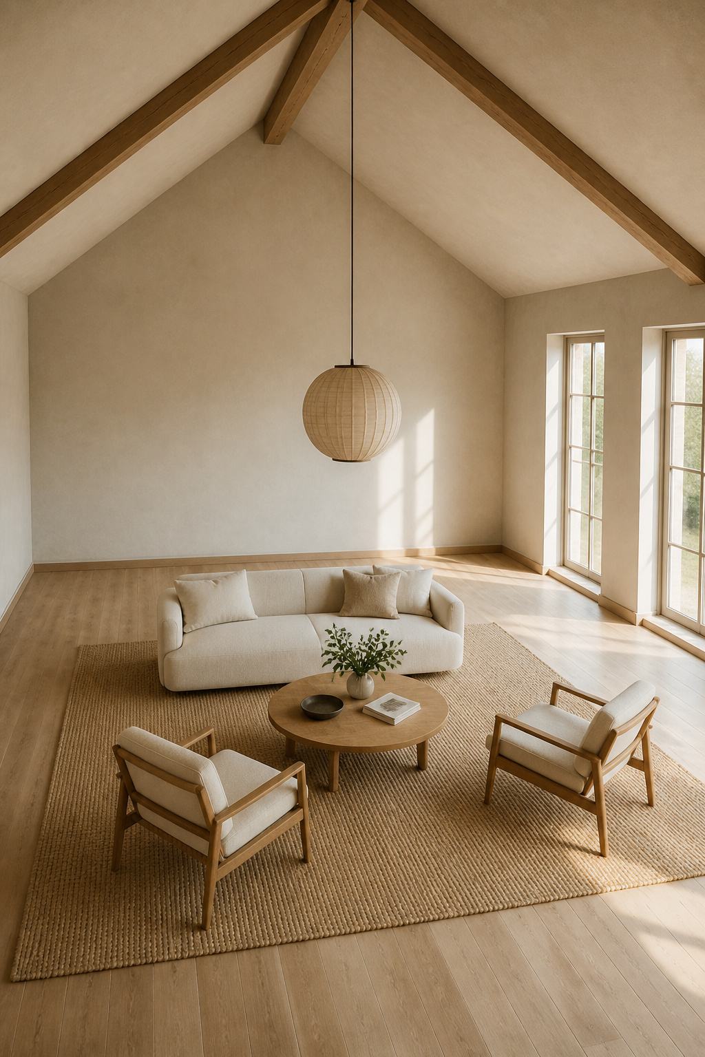 Vaulted ceiling living room with sofa and armchairs floated inward on a large jute rug, creating a conversation cluster away from the walls
