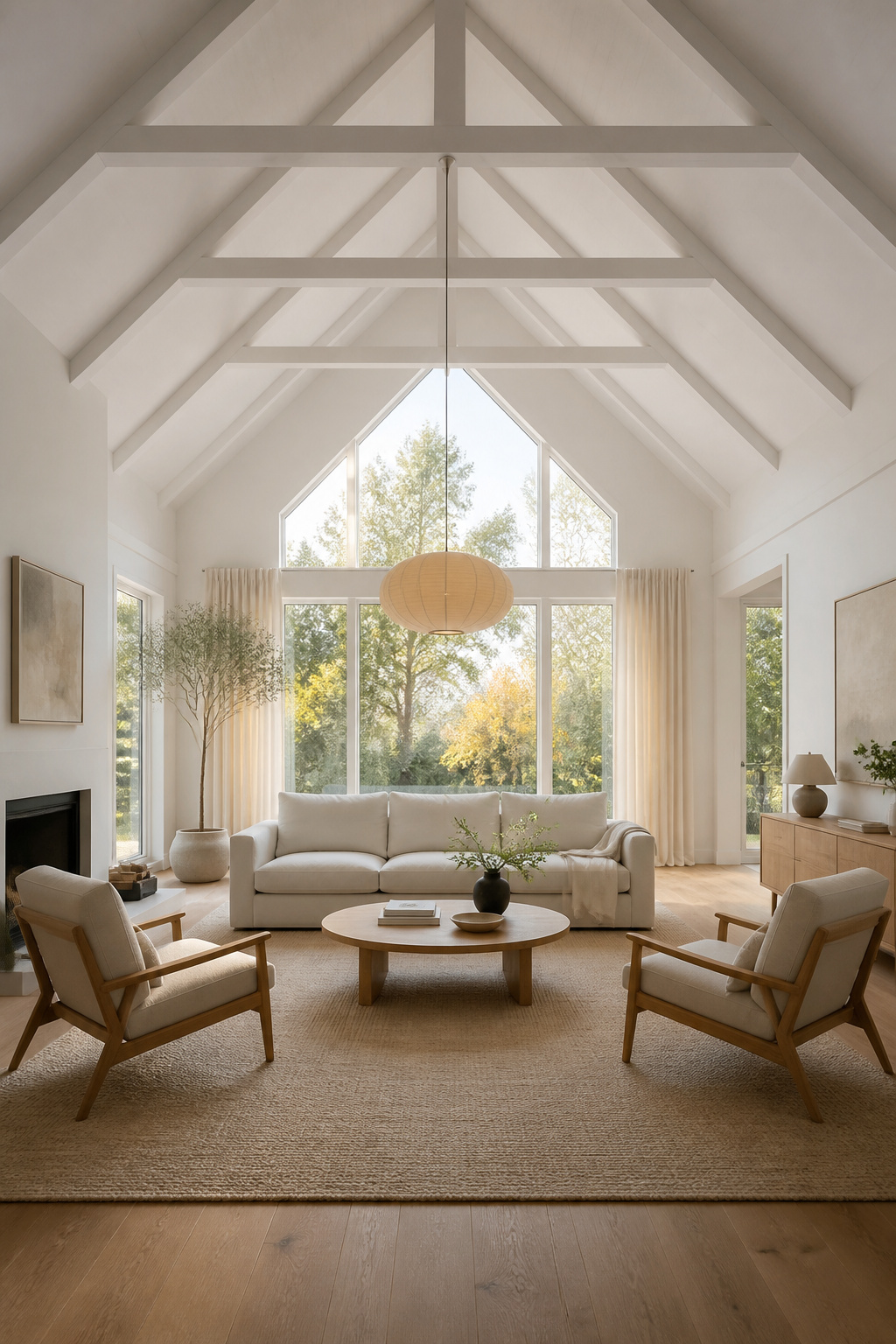 A vaulted ceiling living room with floating linen sofa and low-profile armchairs arranged on a large wool rug under a cathedral ceiling with exposed timber trusses