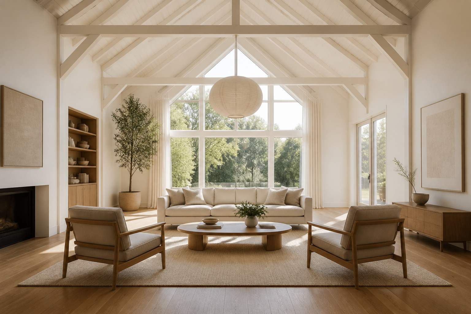 A vaulted ceiling living room with floating linen sofa and low-profile armchairs arranged on a large wool rug under a cathedral ceiling with exposed timber trusses