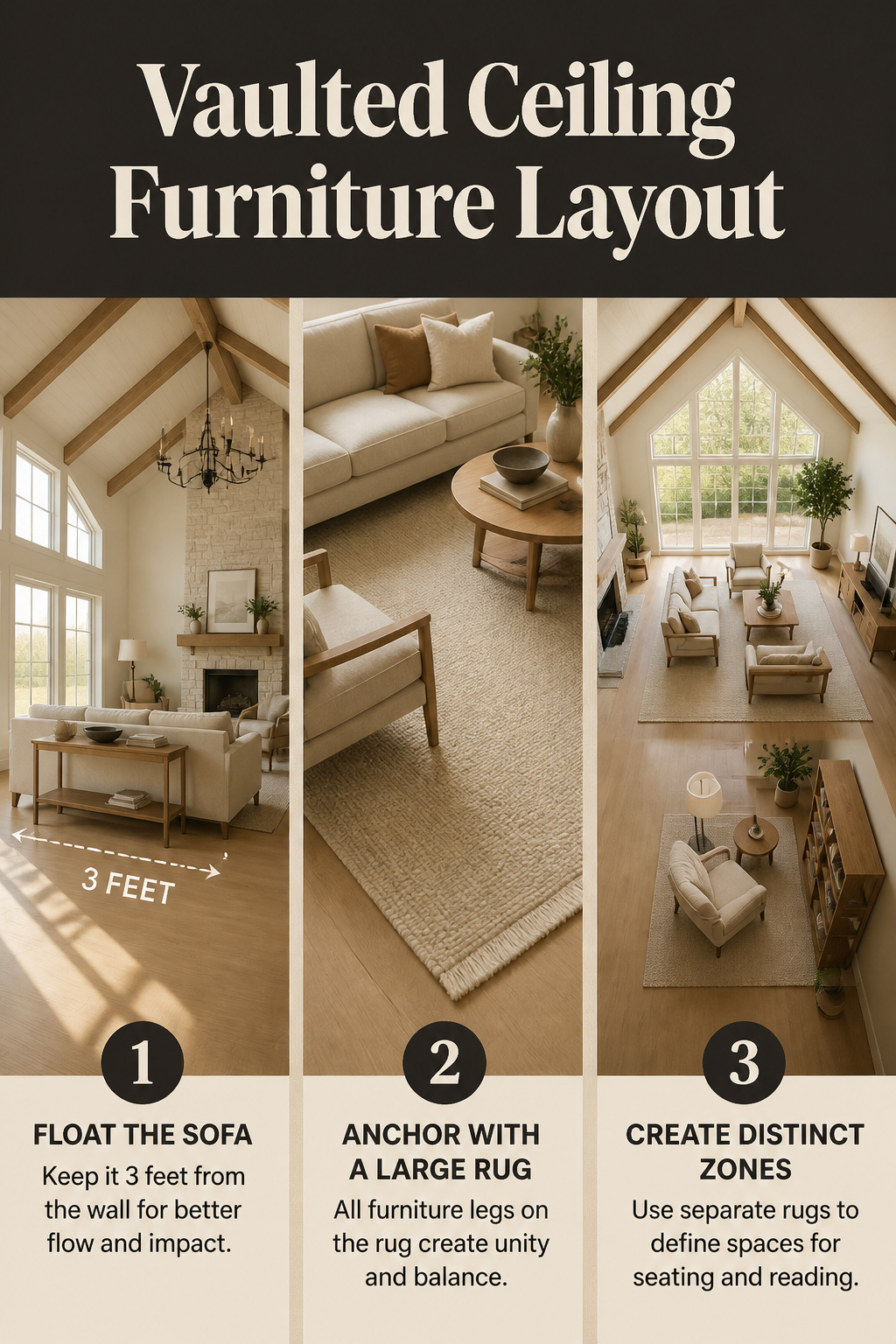 Pinterest pin collage showing three vaulted ceiling furniture layout principles: floating the sofa, anchoring with a large rug, and defining two zones in an open-plan space