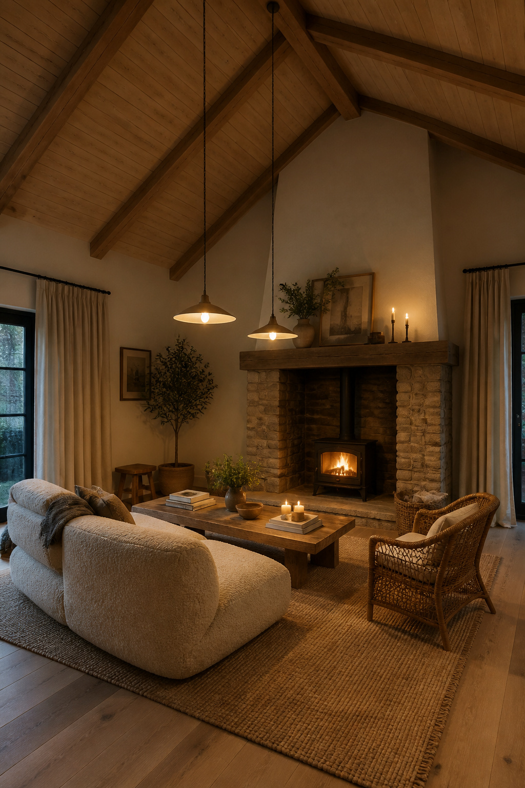 Complete human-scale conversation zone in a vaulted ceiling living room with floating seating, jute rug, low coffee table and wood-burning stove as the focal anchor