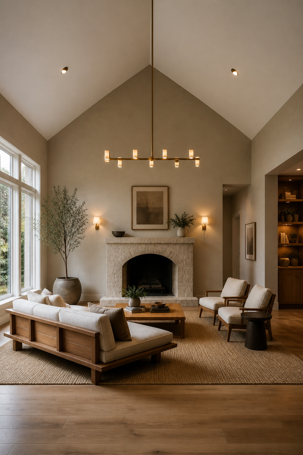 Vaulted ceiling living room with layered lighting including chandelier, recessed gimbals and wall sconces creating three-level warmth