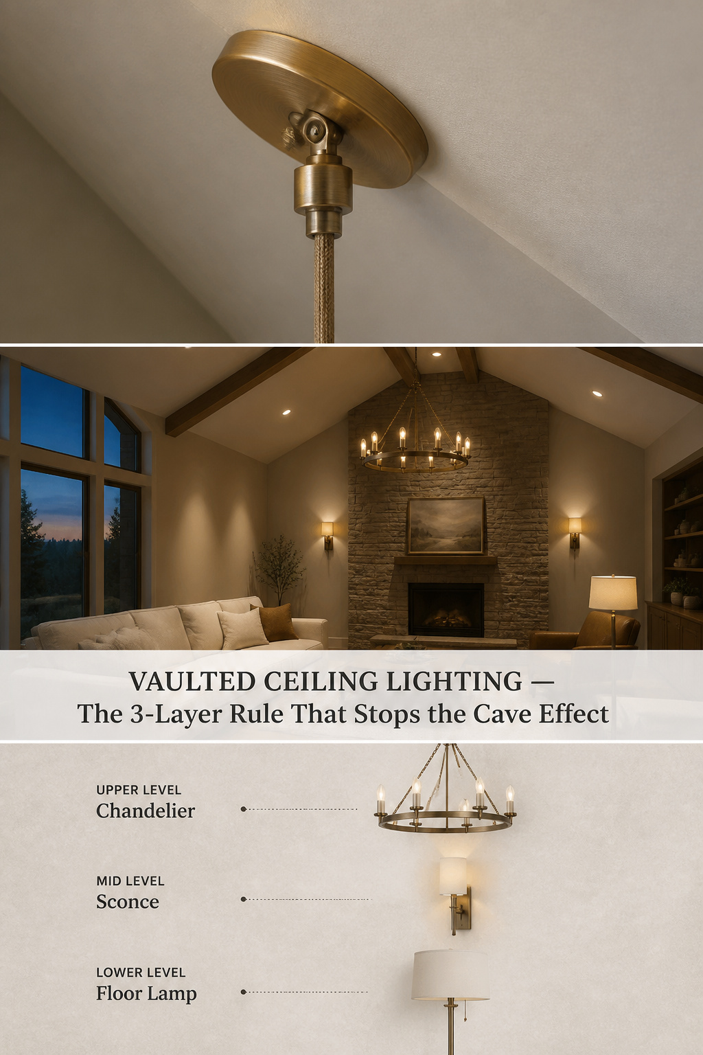 Pinterest guide to vaulted ceiling lighting showing swivel canopy detail, layered lighting living room and three-level diagram