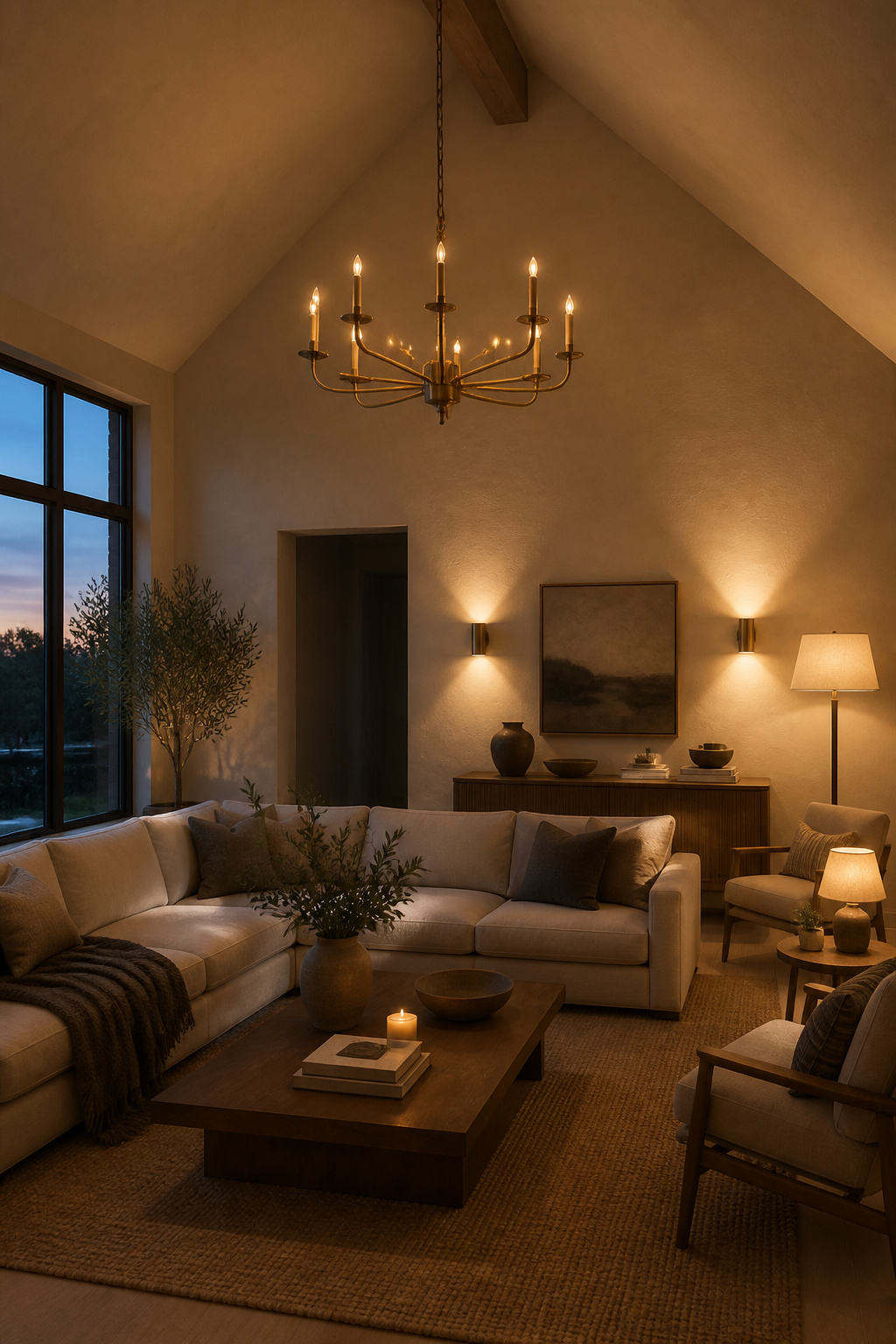 Vaulted living room at dusk with all three lighting zones dimmed to evening atmosphere: chandelier, wall sconces and floor lamp glowing together