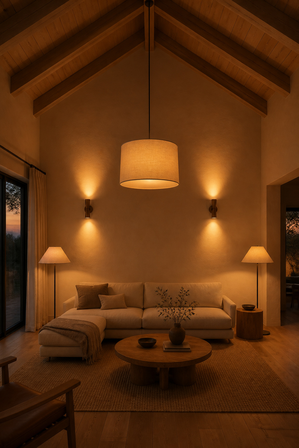 Vaulted ceiling living room at dusk showing three-level lighting: ridge pendant, wall sconces, and floor lamps