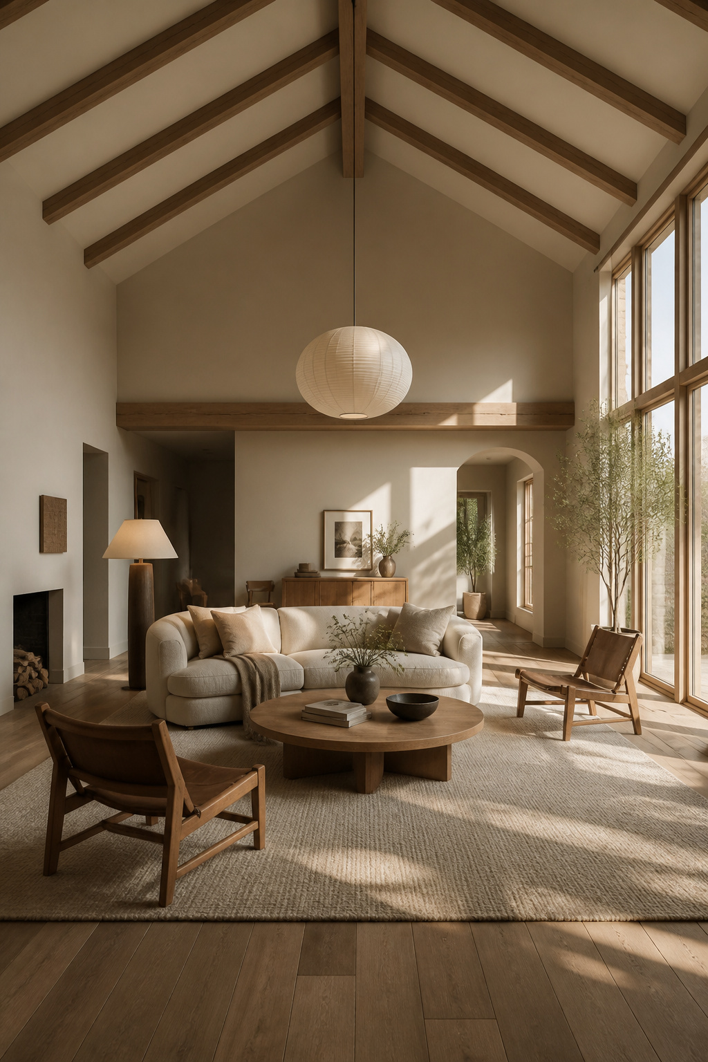 Vaulted ceiling living room with exposed oak beams, boucle sofa and large wool rug in Scandinavian style