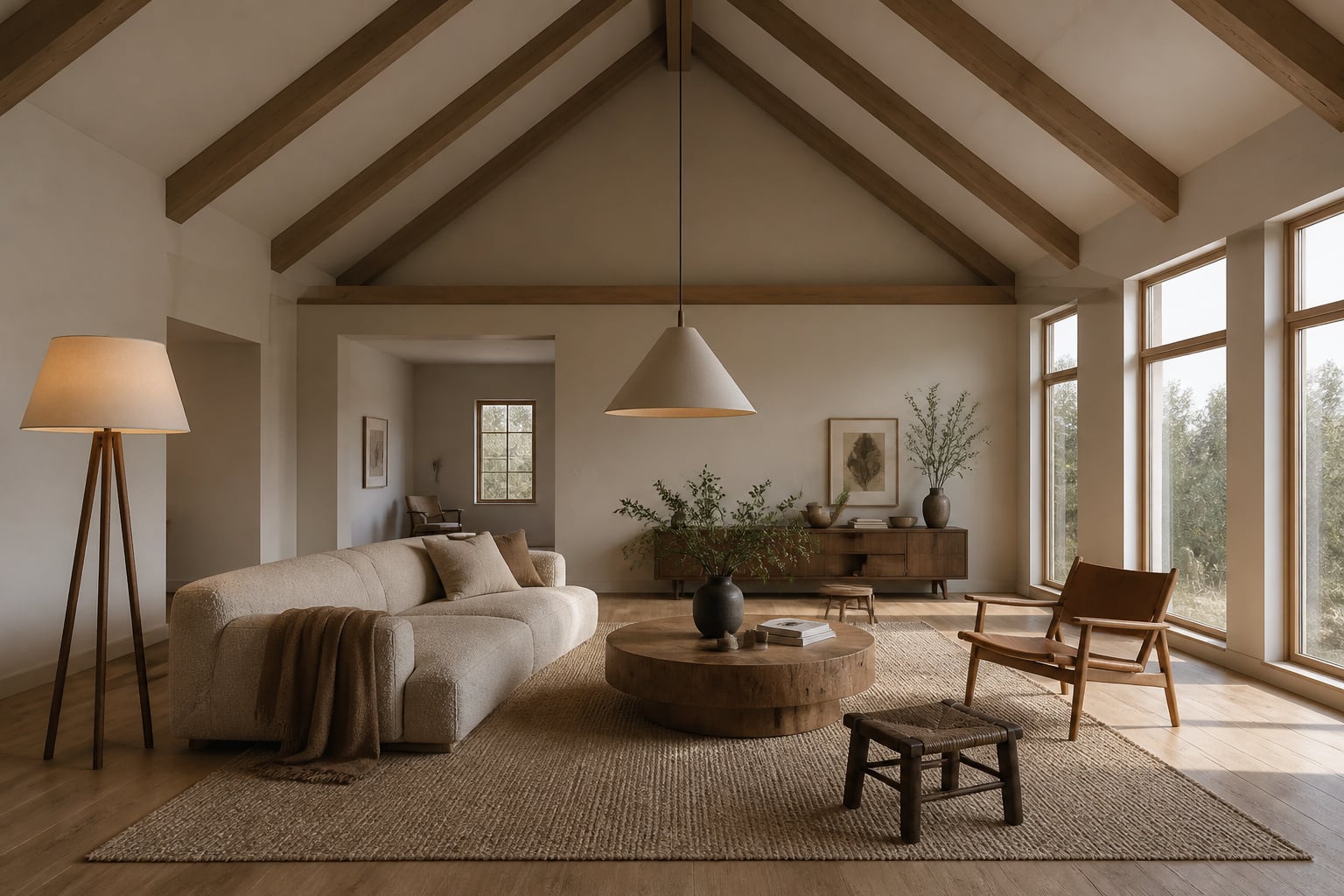 Vaulted ceiling living room with exposed oak beams, boucle sofa and large wool rug in Scandinavian style