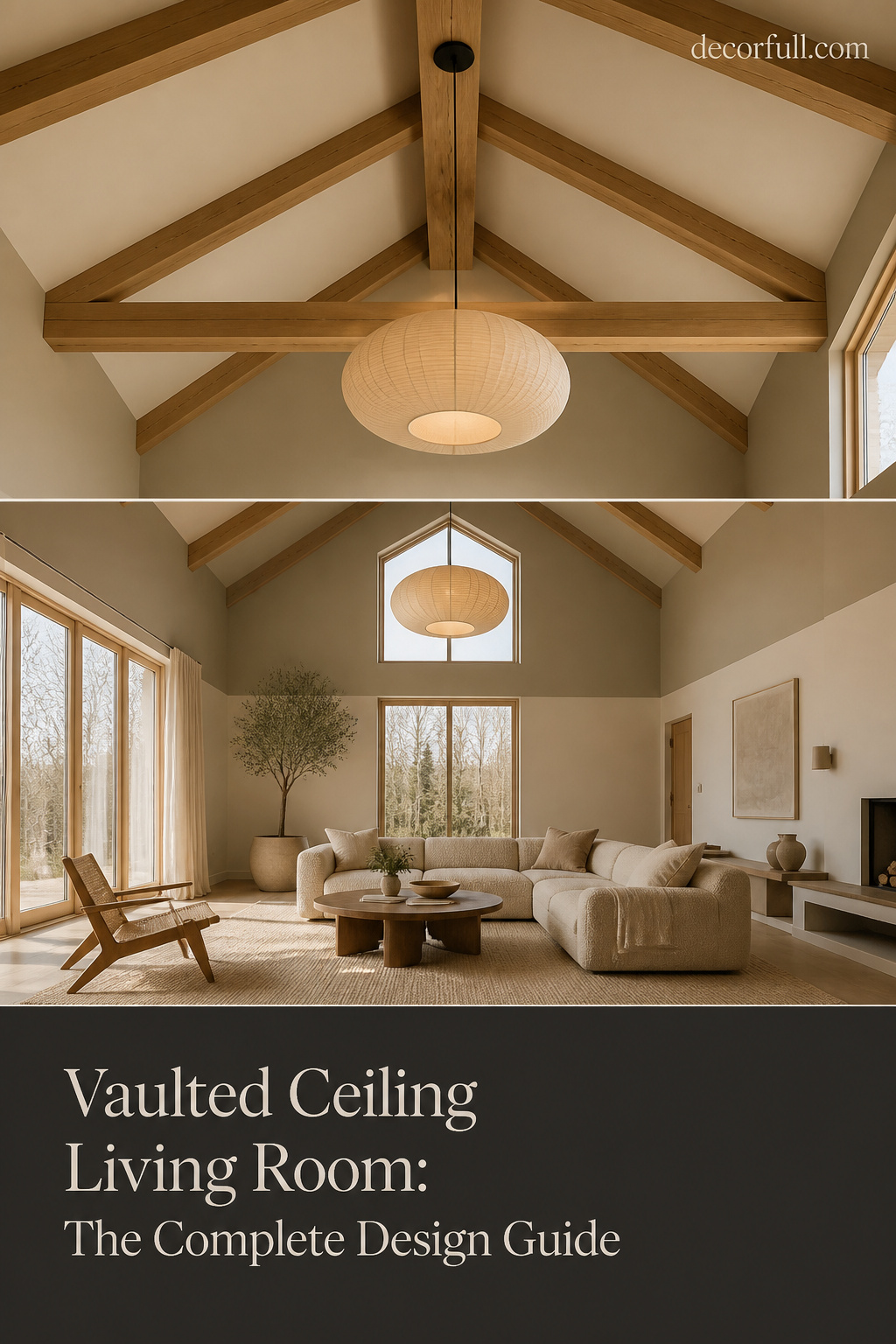 Pinterest collage for vaulted ceiling living room design guide — exposed beams, pendant lighting, boucle sofa with wool rug