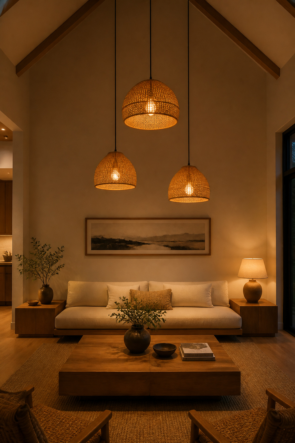 Low-profile sofa with pendant lights dropped on long cords to human scale in a vaulted ceiling living room, illustrating the eye-line control technique