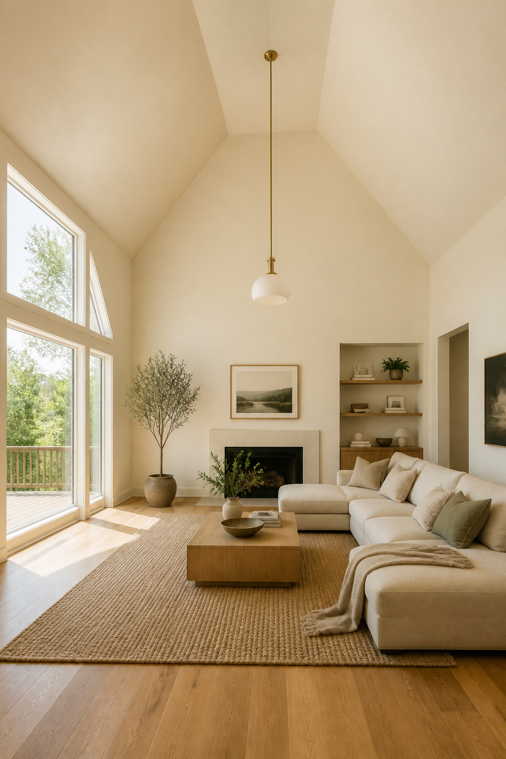 Vaulted ceiling living room painted in warm creamy white showing how yellow-undertone paint prevents the cold clinical effect of pure white in a tall volume