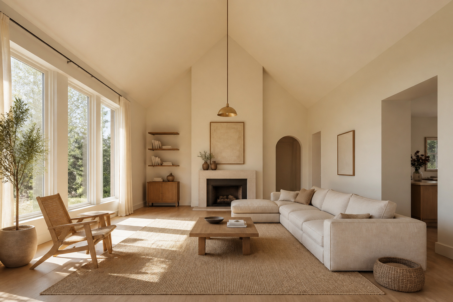 Vaulted ceiling living room painted in warm creamy white showing how yellow-undertone paint prevents the cold clinical effect of pure white in a tall volume