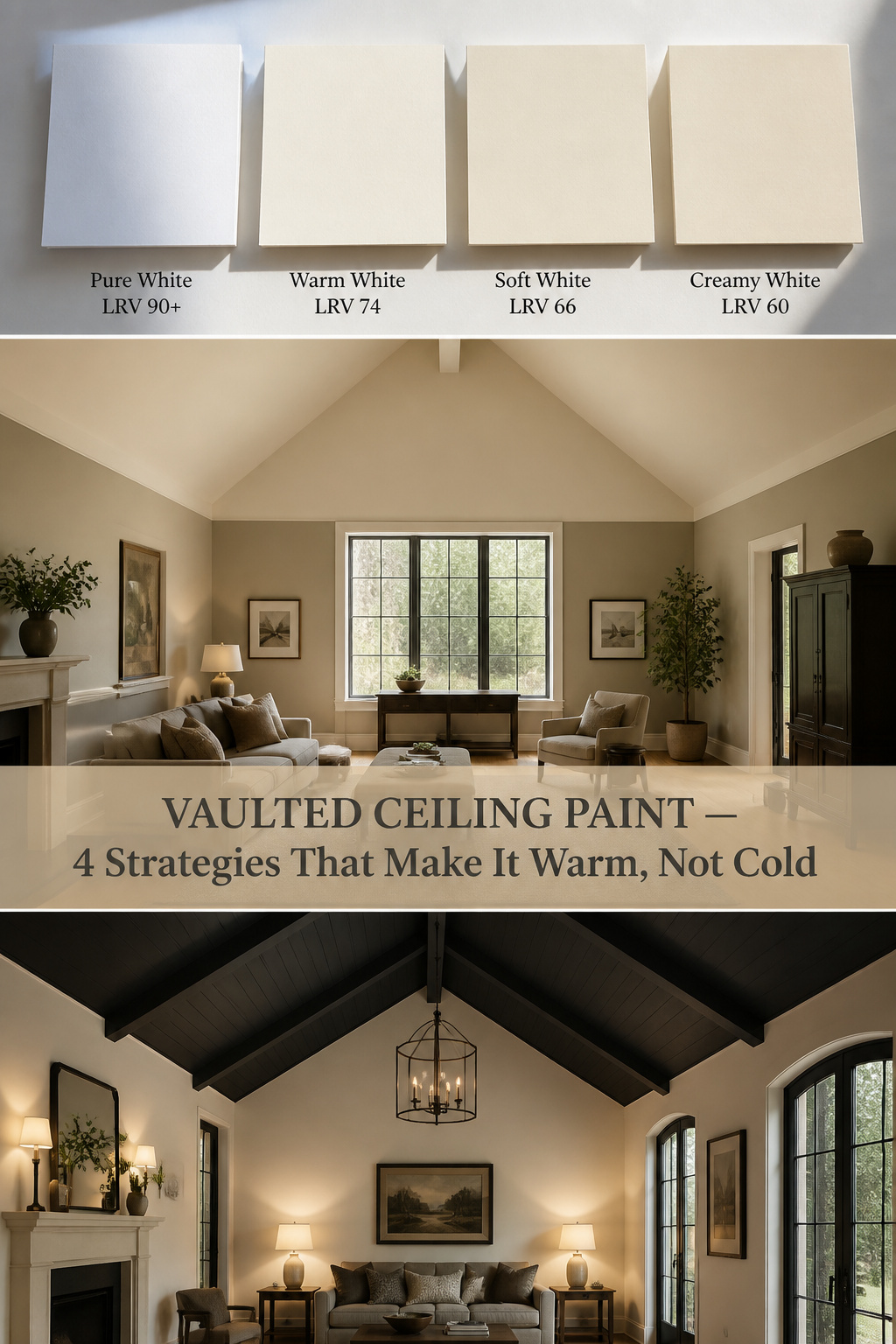Pinterest guide to vaulted ceiling paint colors showing warm white versus cool white comparison, two-tone wall technique, and dark ceiling for intimacy