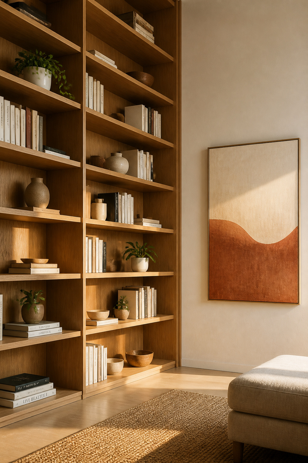 Vaulted living room tall wall with floor-to-ceiling oak shelving and large abstract artwork at eye level