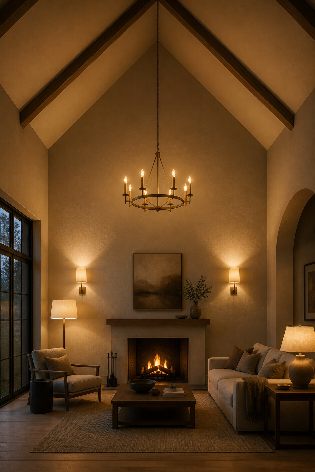 Cross-section of vaulted living room showing three-level lighting: chandelier at apex, wall sconces at mid-height, floor and table lamps at seating level