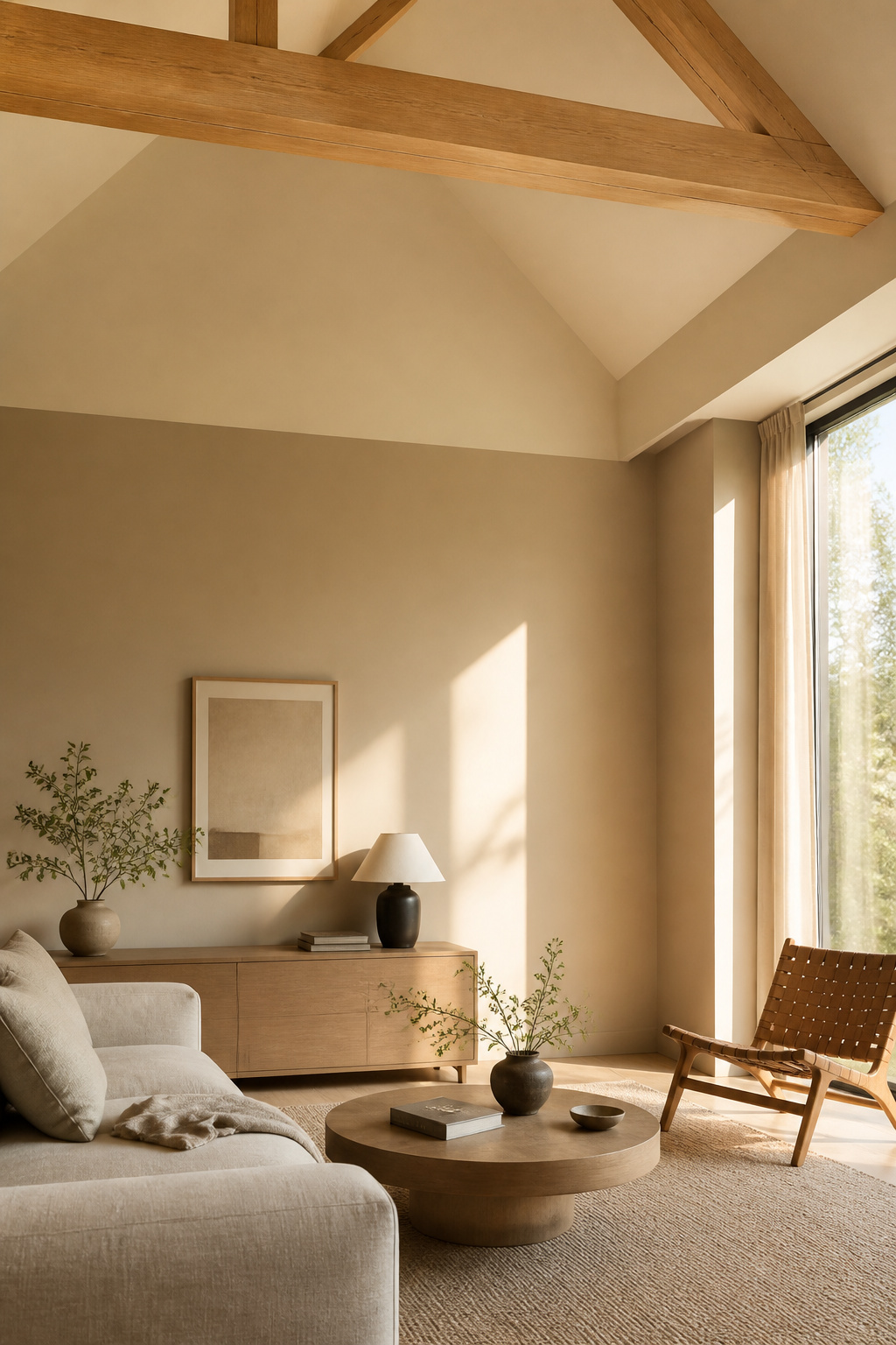Vaulted living room with two-tone paint — warm taupe on lower walls, lighter cream on upper walls and ceiling