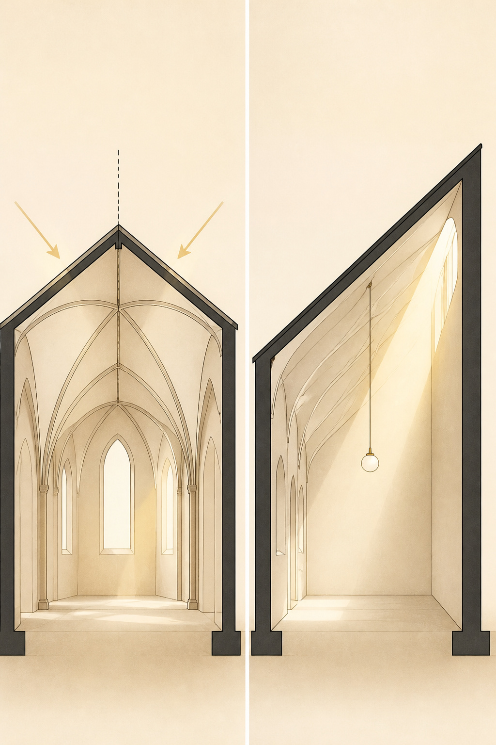 Diagram comparing cathedral ceiling with symmetrical peak versus shed vault ceiling with one-sided slope