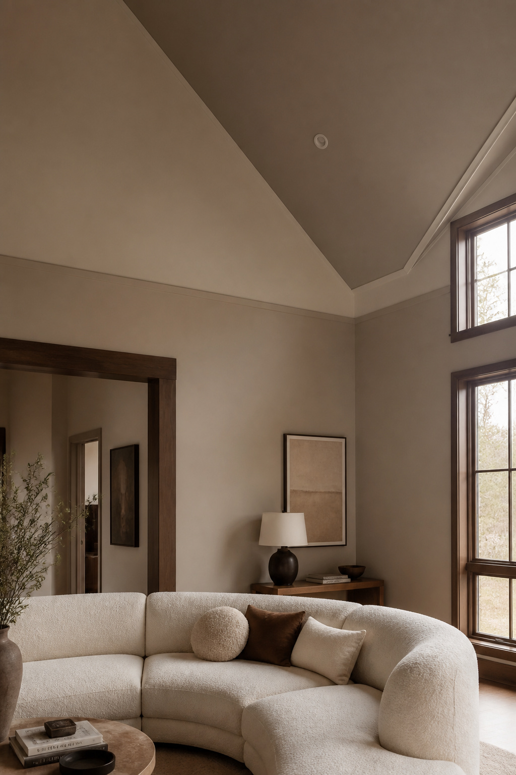 Vaulted ceiling living room with warm taupe walls and a slightly darker ceiling showing the two-tone technique for creating intimacy in a tall room