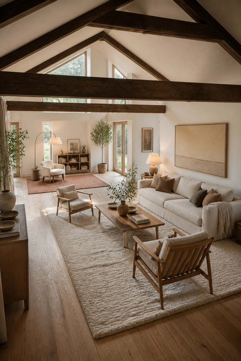 Two distinct zones in an open-concept vaulted living room — a primary seating area on a large wool rug and a compact reading nook on a smaller rug, separated by exposed ceiling beams above