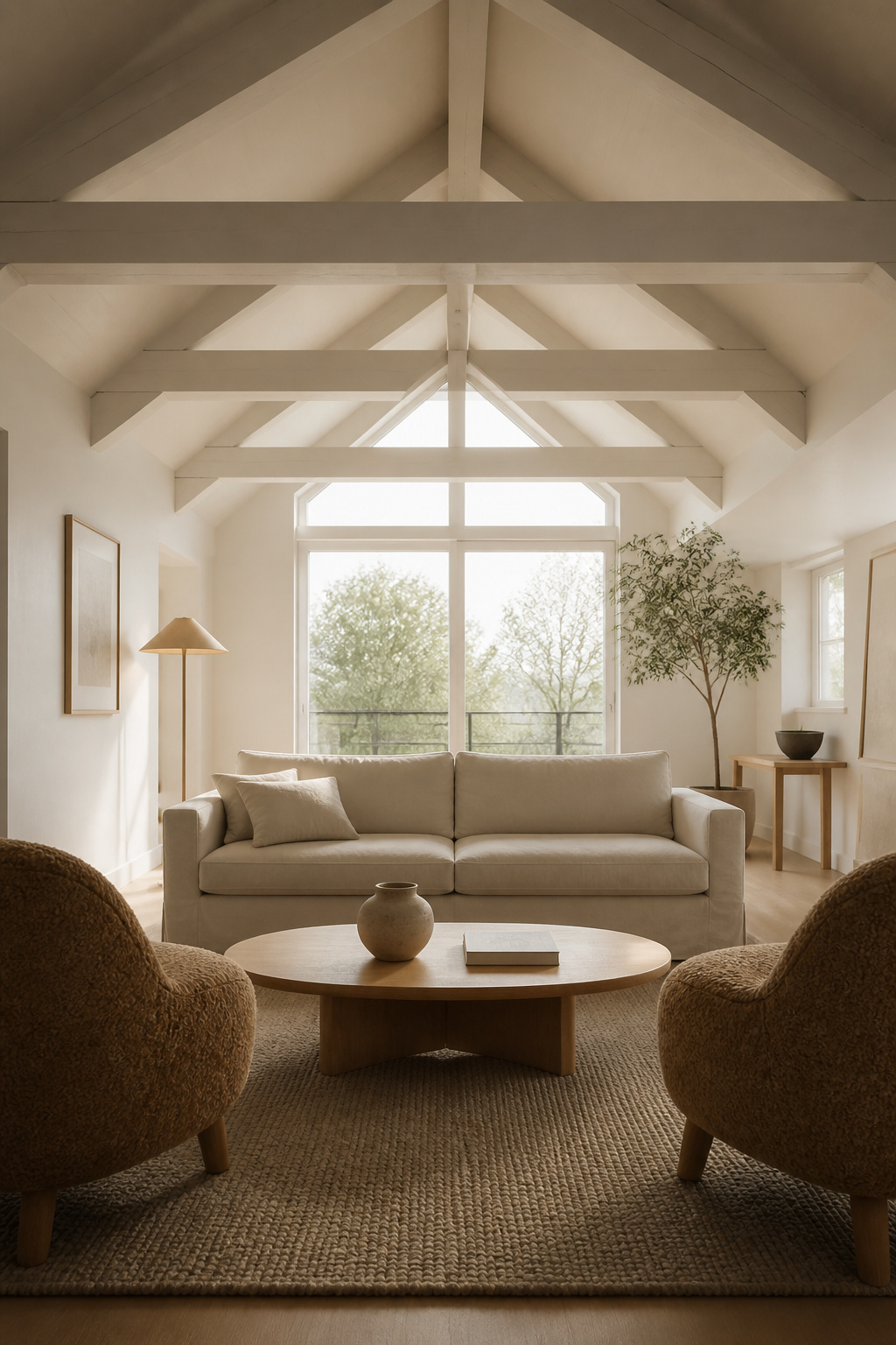 A conversation zone in a vaulted living room: linen sofa facing two boucle armchairs across an oval oak coffee table, anchored on a wool rug under an exposed-truss cathedral ceiling