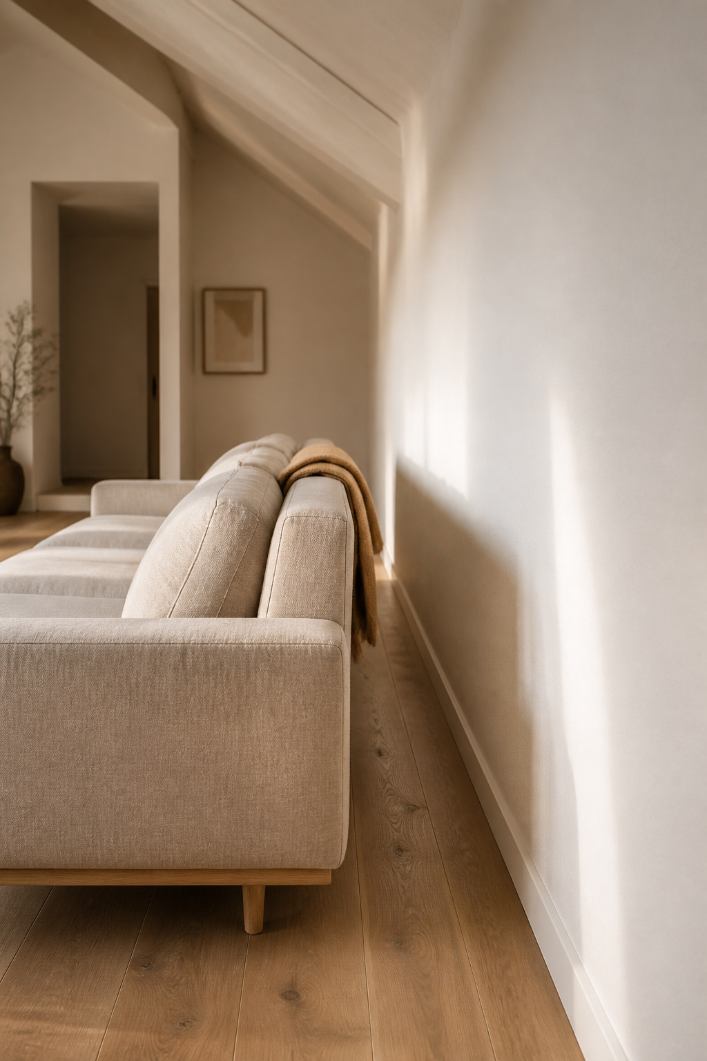 Linen sofa floating 3 feet from a white wall under a vaulted ceiling, showing the breathing space between furniture and wall