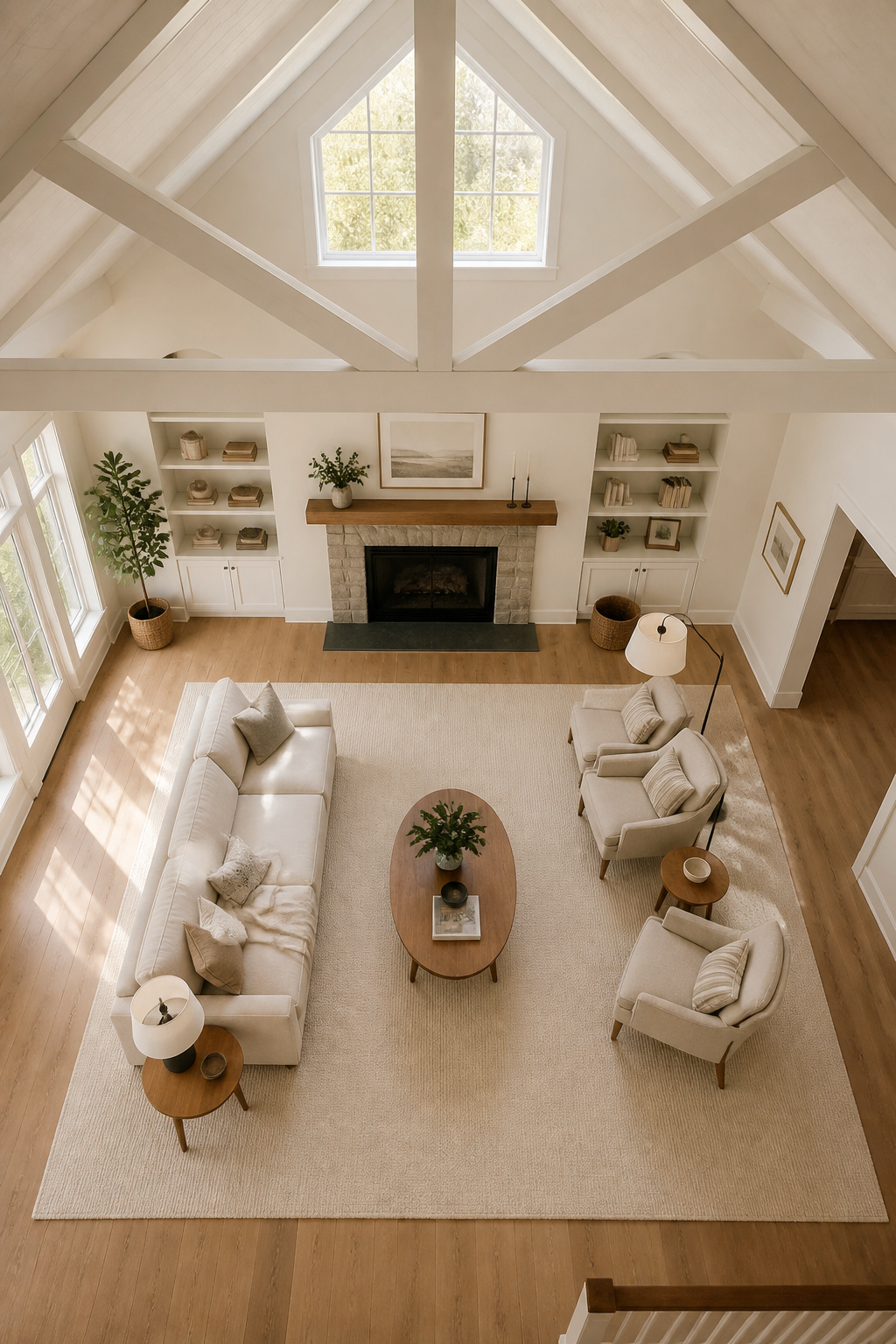 Aerial view of a completed vaulted ceiling living room furniture layout showing rug-first positioning with sofa, armchairs, coffee table, and floor lamp inside the rug zone