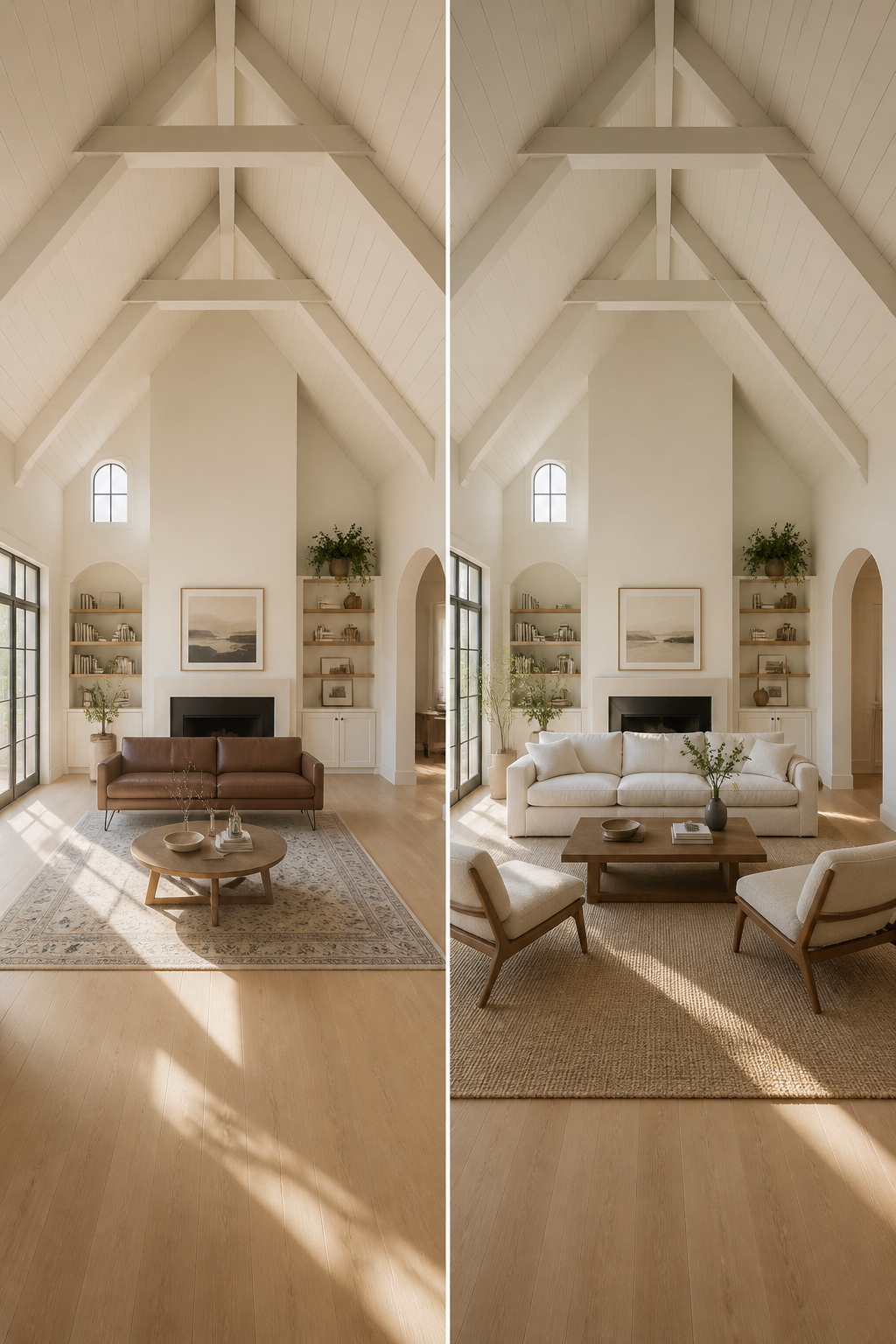Two-panel comparison of furniture scale in a vaulted ceiling living room — undersized standard sofa on a small rug versus a correctly scaled 84-inch sofa on a large rug