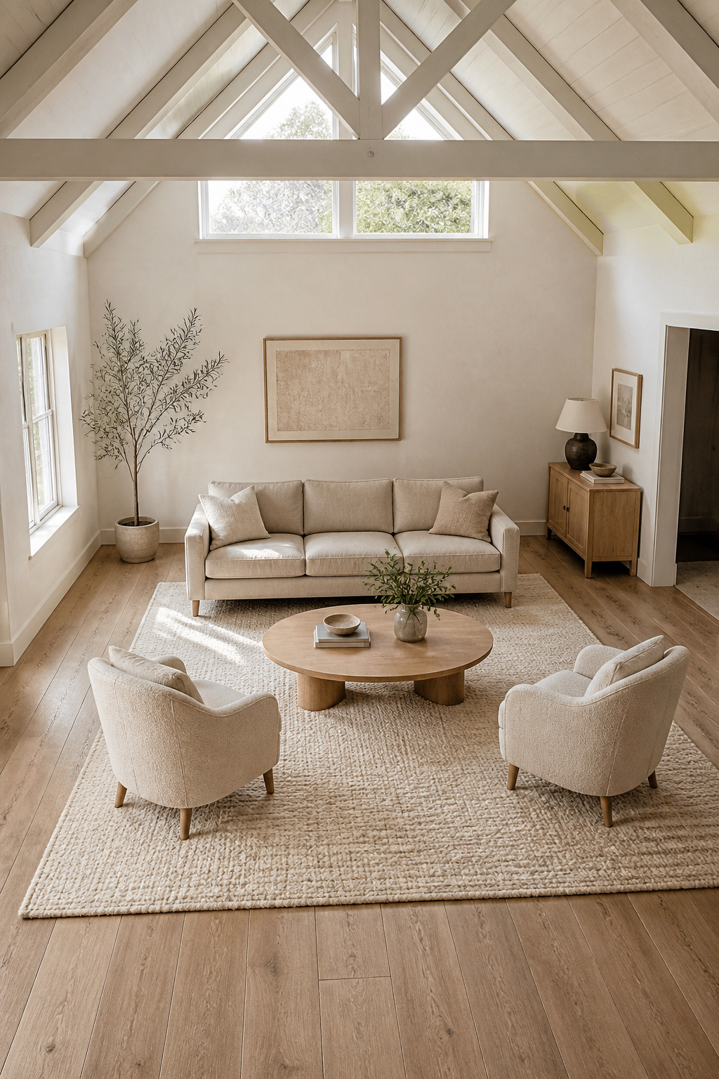 Aerial view of a 10x14 wool rug in a vaulted living room with all sofa and armchair legs resting on the rug and 12 inches of oak floor visible at the edges
