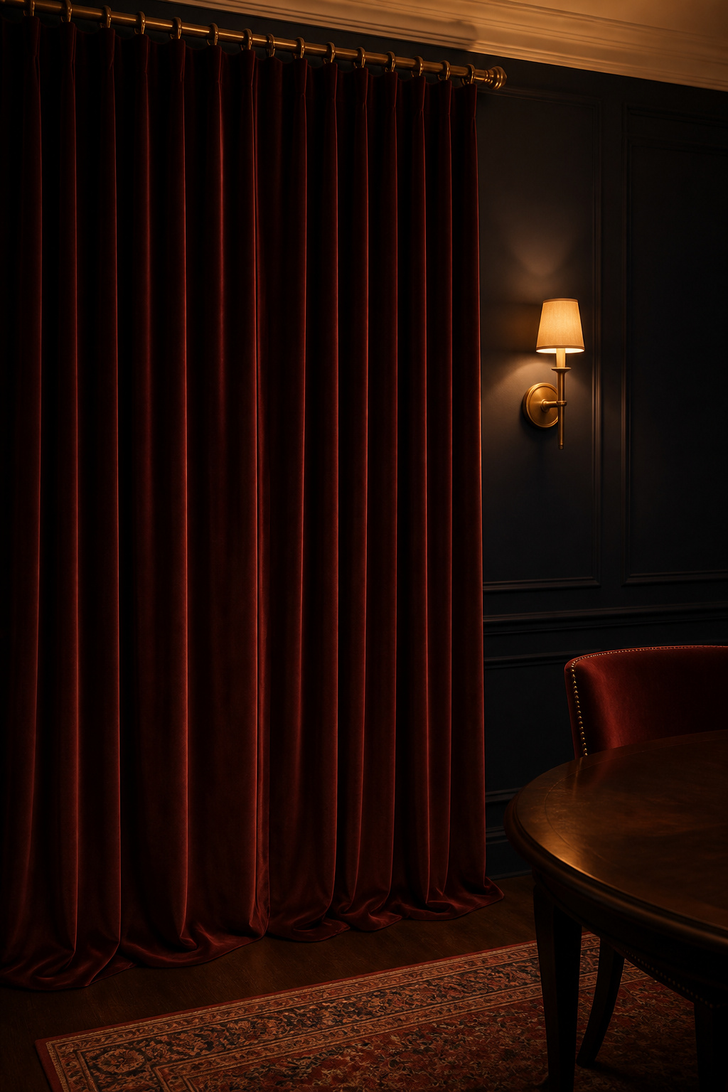 Floor-length deep burgundy velvet curtains with pinch-pleat heading on brass rod in a dark moody dining room at dusk