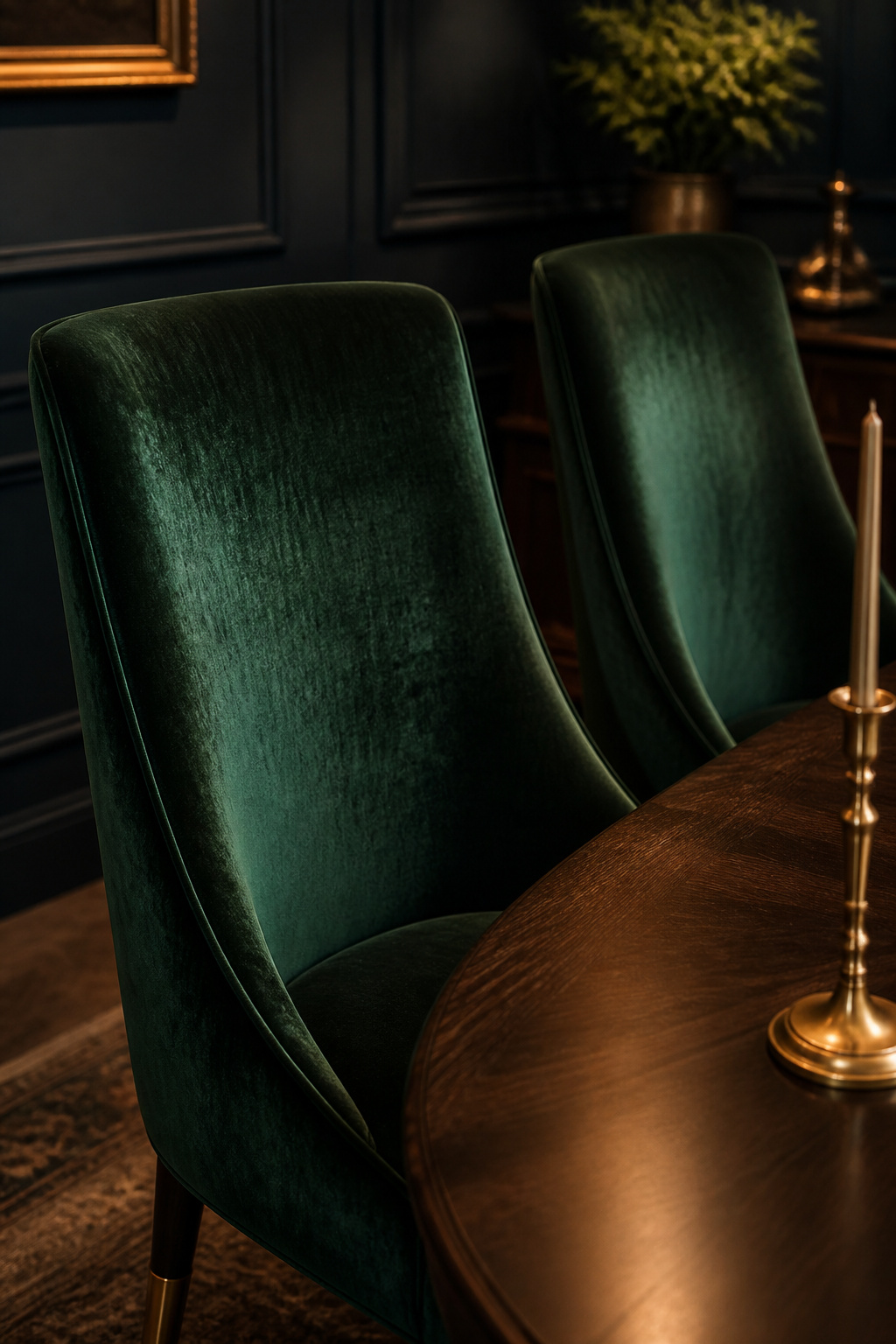 Two deep forest-green velvet dining chairs with brass legs at a dark walnut dining table against a navy panelled wall
