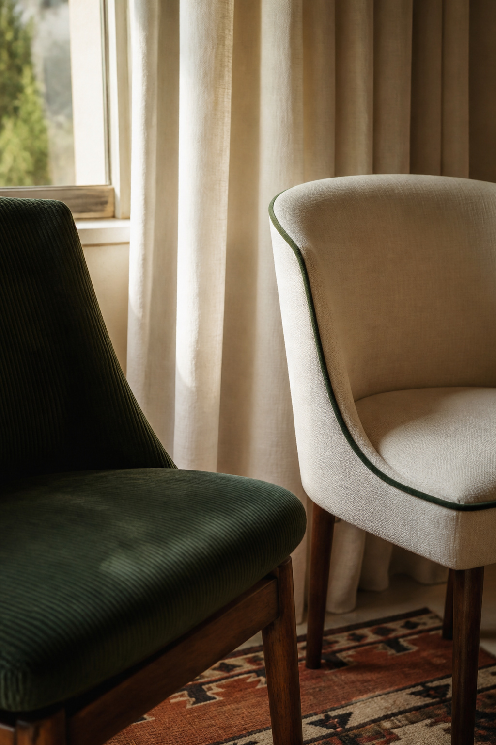 Two mismatched dining chairs — velvet green and linen ivory — beside plain linen curtains, showing tactile contrast as a pattern layer