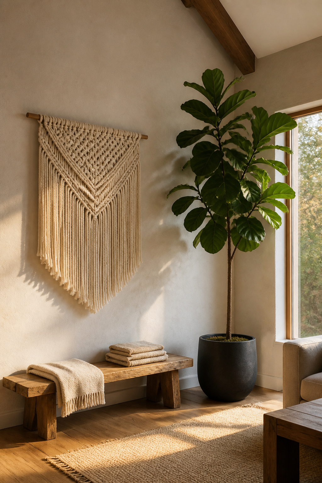 Vaulted room corner with large macrame textile wall hanging and tall fiddle-leaf fig plant demonstrating three-dimensional tall wall decor approach