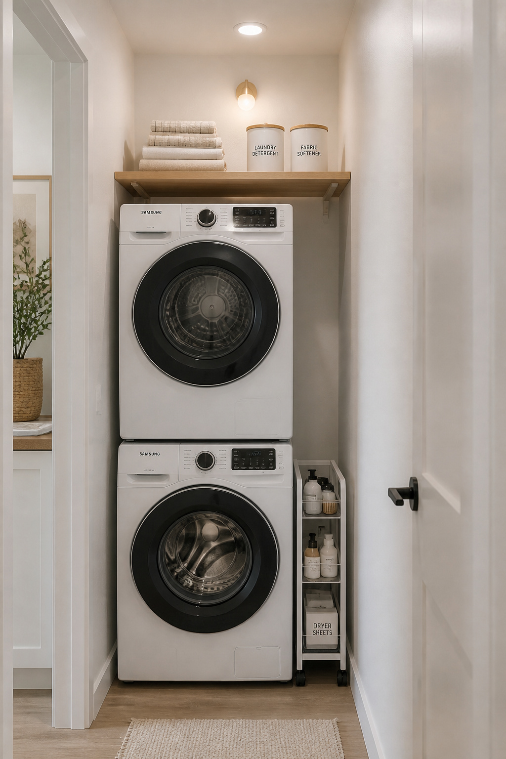 Stacked front-load washer and dryer with floating oak shelf above holding folded laundry and labelled canisters, slim pull-out cart visible in gap to the side