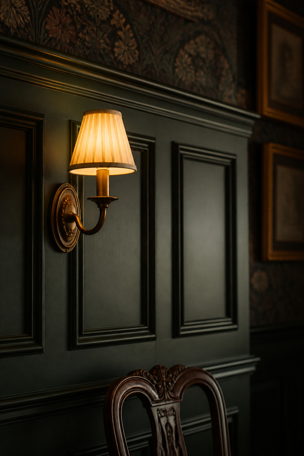 Deep hunter-green raised-panel wainscoting in a dark dining room corner with a vintage brass wall sconce