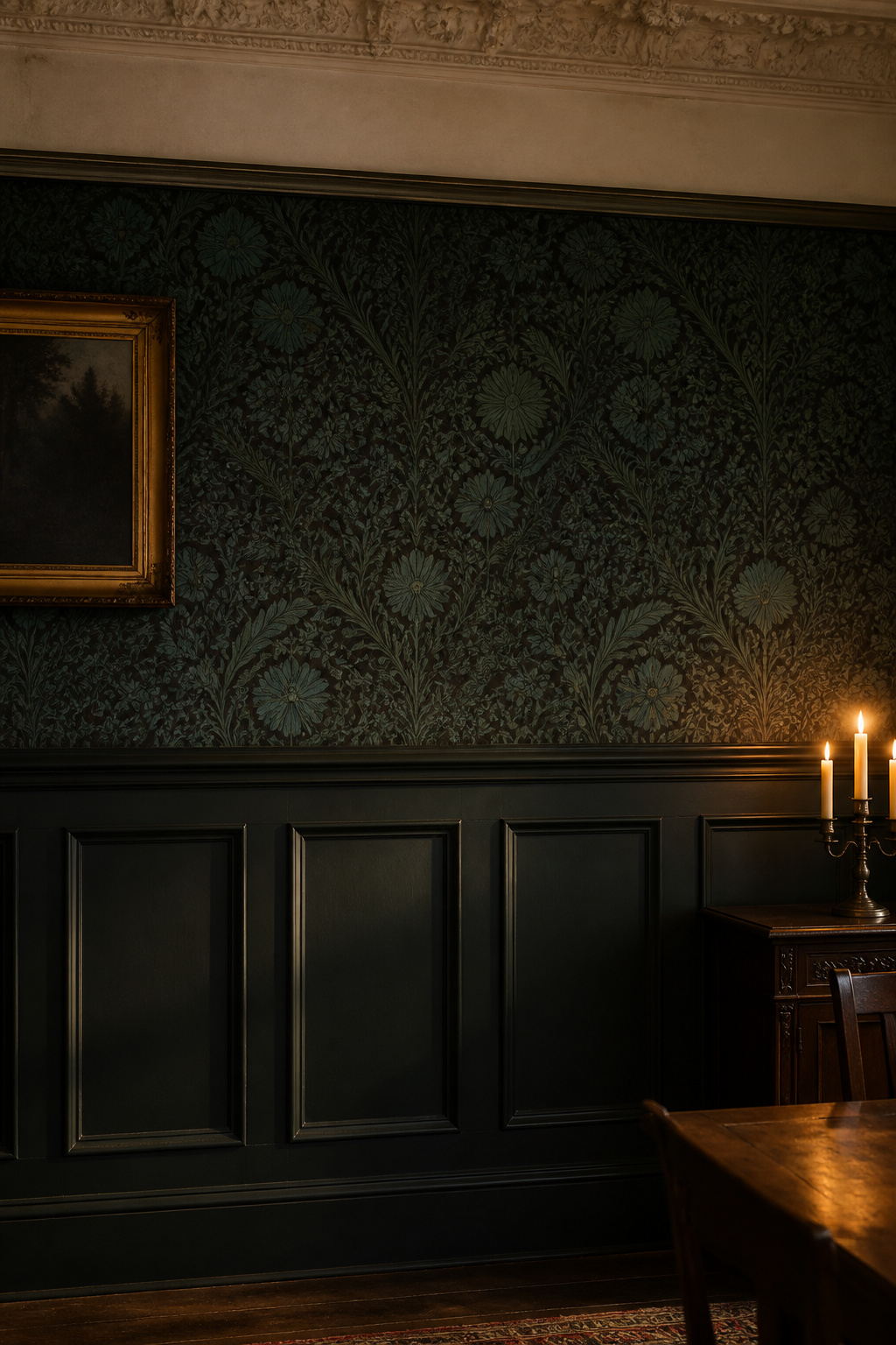 Victorian tripartite dining room wall with dark charcoal wainscoting below dado rail, botanical wallpaper in the field, pale frieze above picture rail