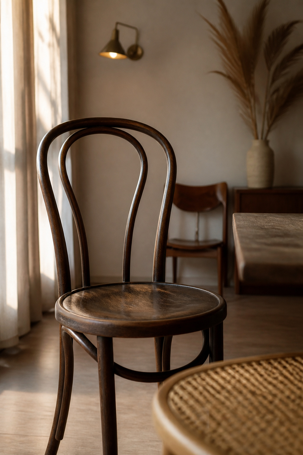 Vintage bentwood dining chair with curved steam-bent walnut frame next to a rattan chair and modern wood chair