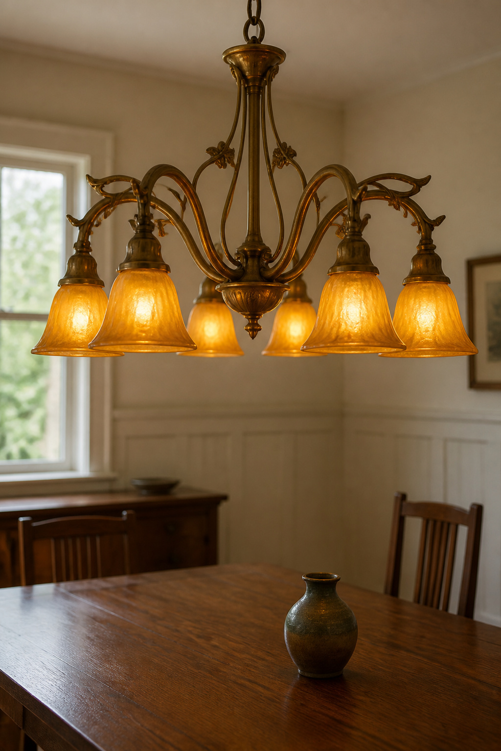 Aged brass Art Nouveau chandelier with amber glass shades hanging at the correct 30–36 inch height above an oak dining table