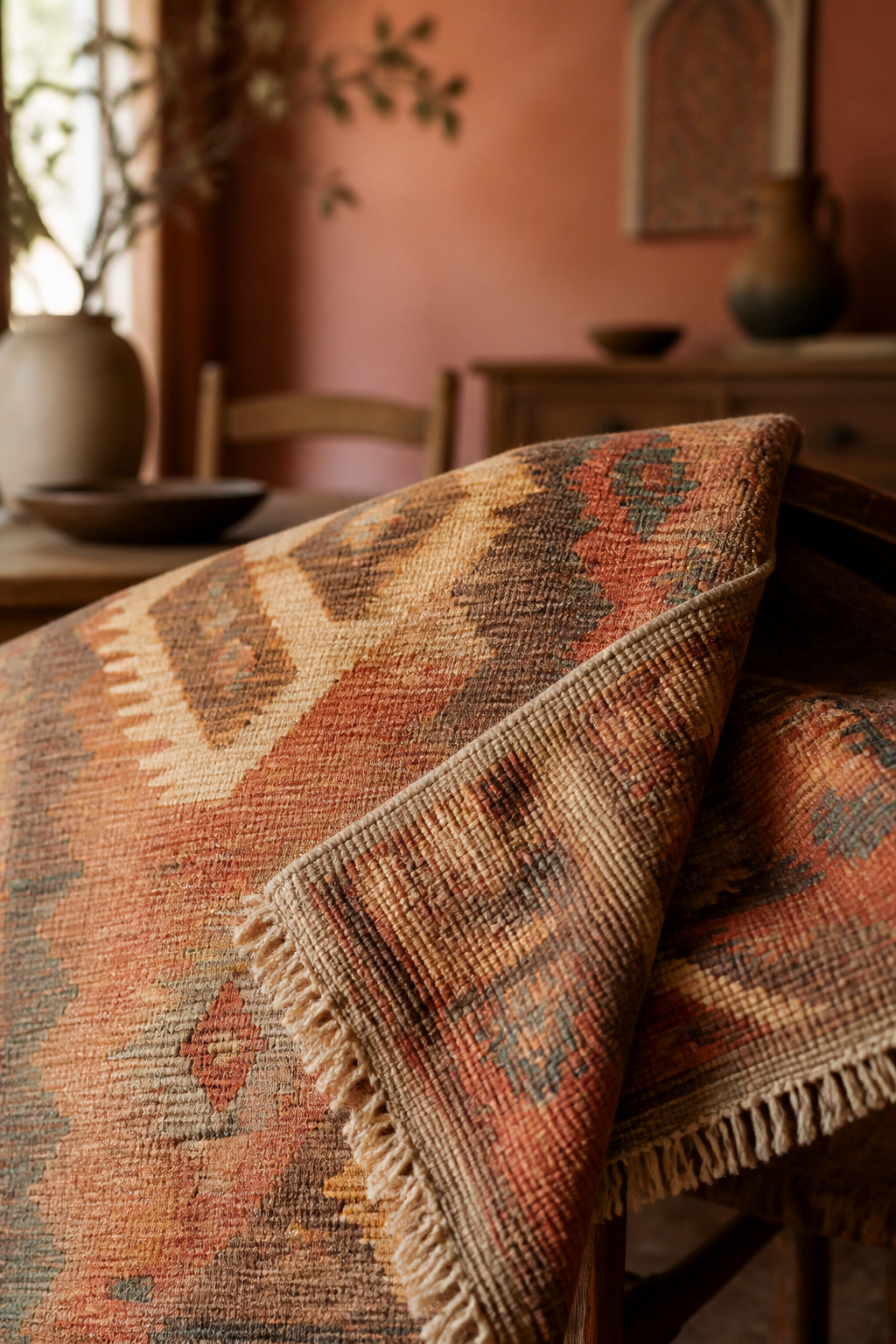 Close-up of a vintage kilim rug's underside showing knotted weave construction and natural abrash color variation