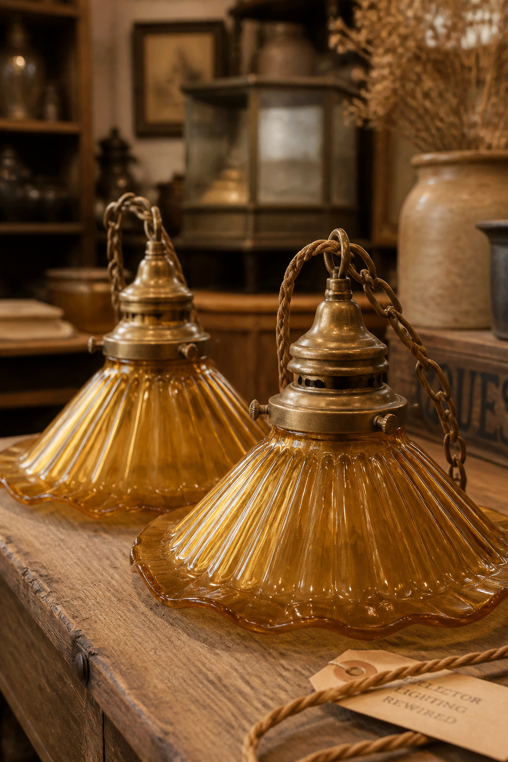 Two vintage Art Deco aged brass pendant lights with amber glass shades on an antique market table, showing cloth-covered wiring and patinated fittings